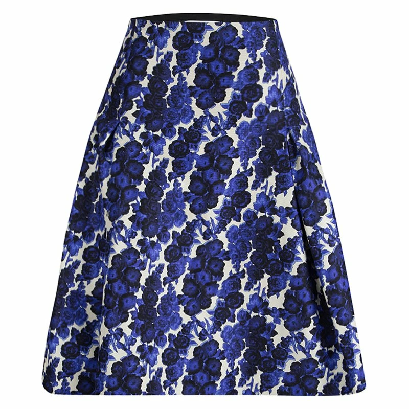 Carolina Herrera Blue Silk Floral Printed Box Pleat Skirt XL Women