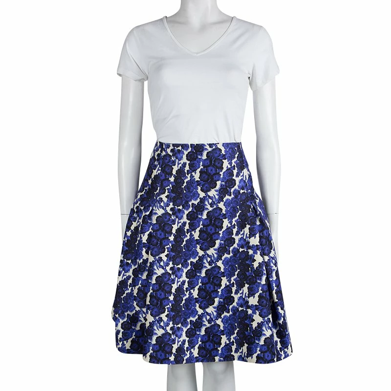 Carolina Herrera Blue Silk Floral Printed Box Pleat Skirt XL Women