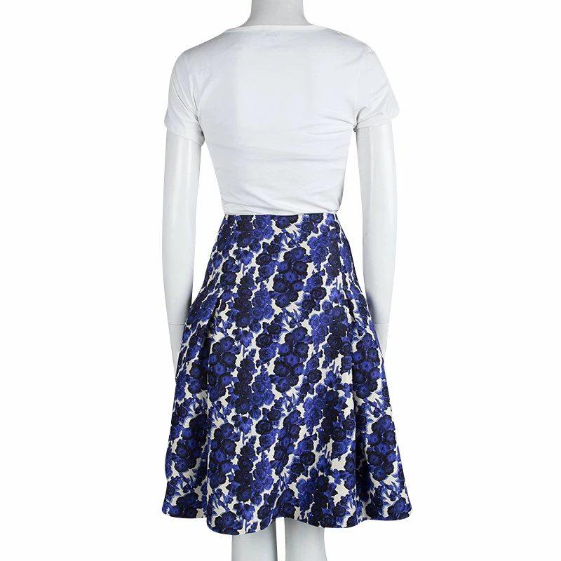 Carolina Herrera Blue Silk Floral Printed Box Pleat Skirt XL Women
