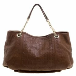 Carolina Herrera Brown Monogram Embossed Leather Dahlia Hobo Women