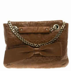 Carolina Herrera Brown Monogram Leather Audrey Shoulder Bag Women