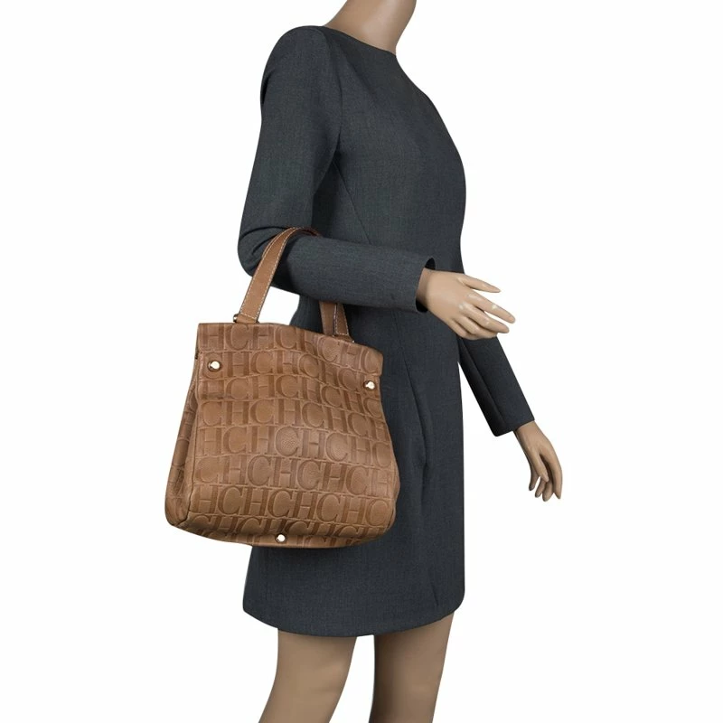 Carolina Herrera Brown Monogram Leather Tote Women