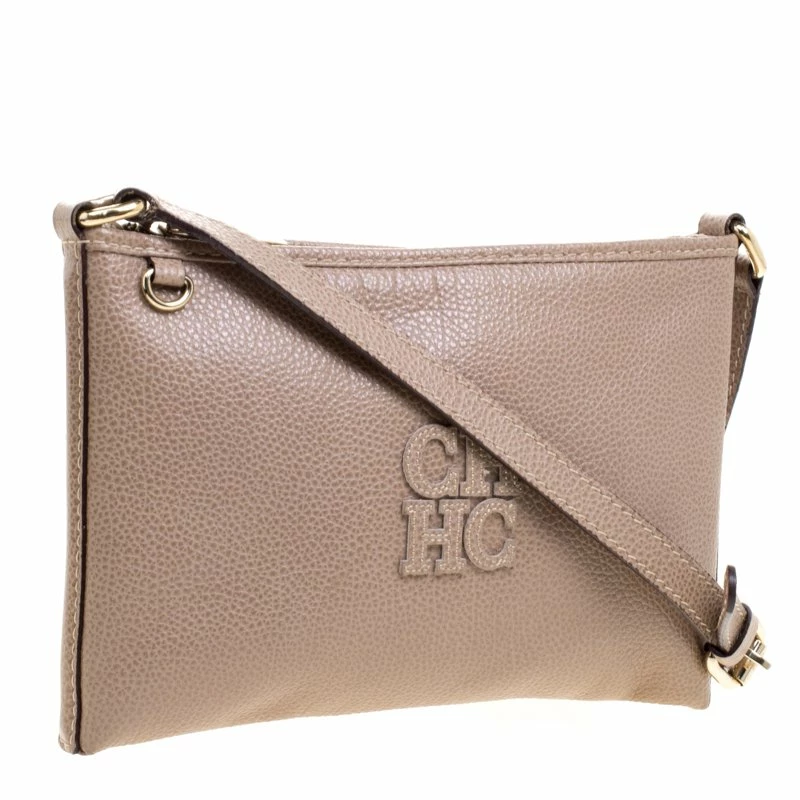 Carolina Herrera Dark Beige Leather Logo CH Crossbody Bag Women