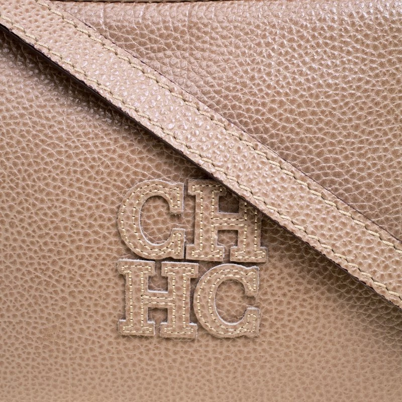 Carolina Herrera Dark Beige Leather Logo CH Crossbody Bag Women