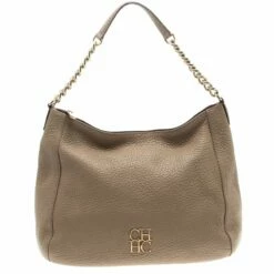 Carolina Herrera Beige Pebbled Leather Hobo Women