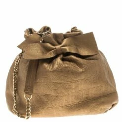 Carolina Herrera Gold Embossed Leather Bow Bucket Shoulder Bag Women