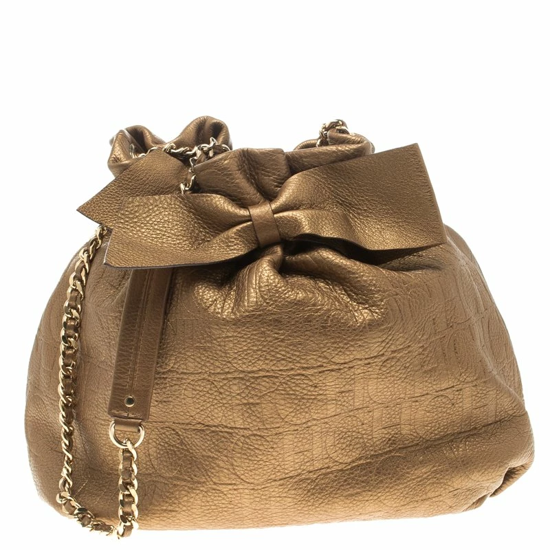 Carolina Herrera Gold Embossed Leather Bow Bucket Shoulder Bag Women