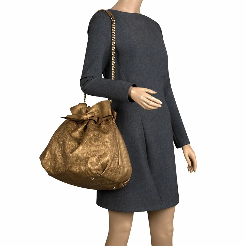 Carolina Herrera Gold Embossed Leather Bow Bucket Shoulder Bag Women