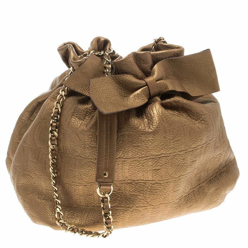 Carolina Herrera Gold Embossed Leather Bow Bucket Shoulder Bag Women