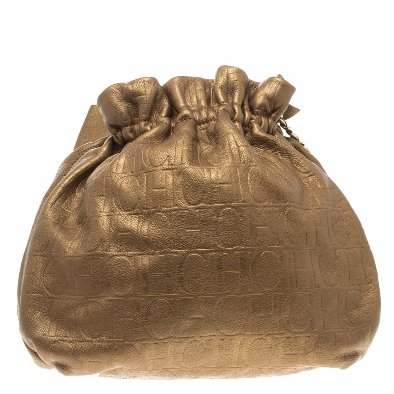 Carolina Herrera Gold Embossed Leather Bow Bucket Shoulder Bag Women