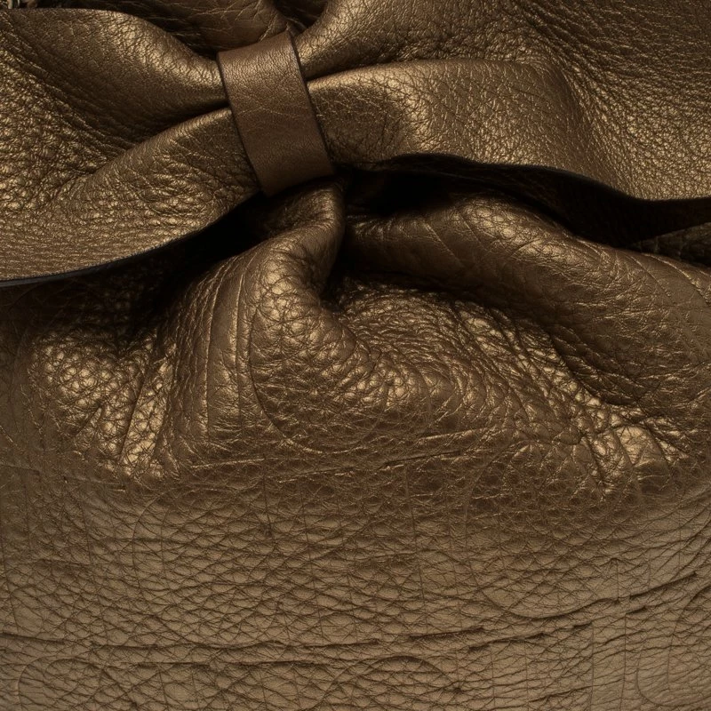 Carolina Herrera Gold Embossed Leather Bow Bucket Shoulder Bag Women