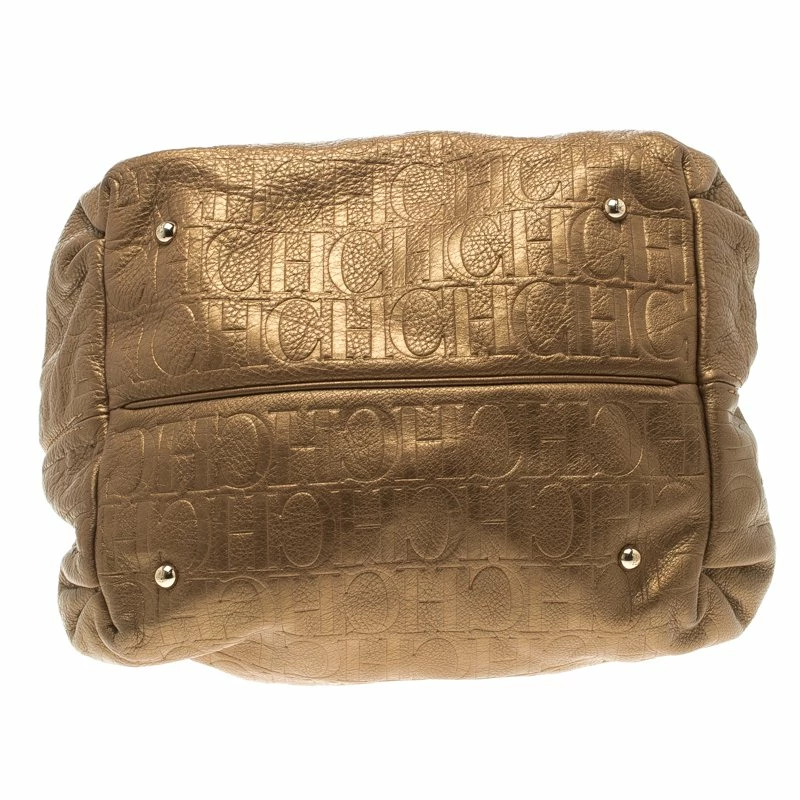 Carolina Herrera Gold Embossed Leather Bow Bucket Shoulder Bag Women