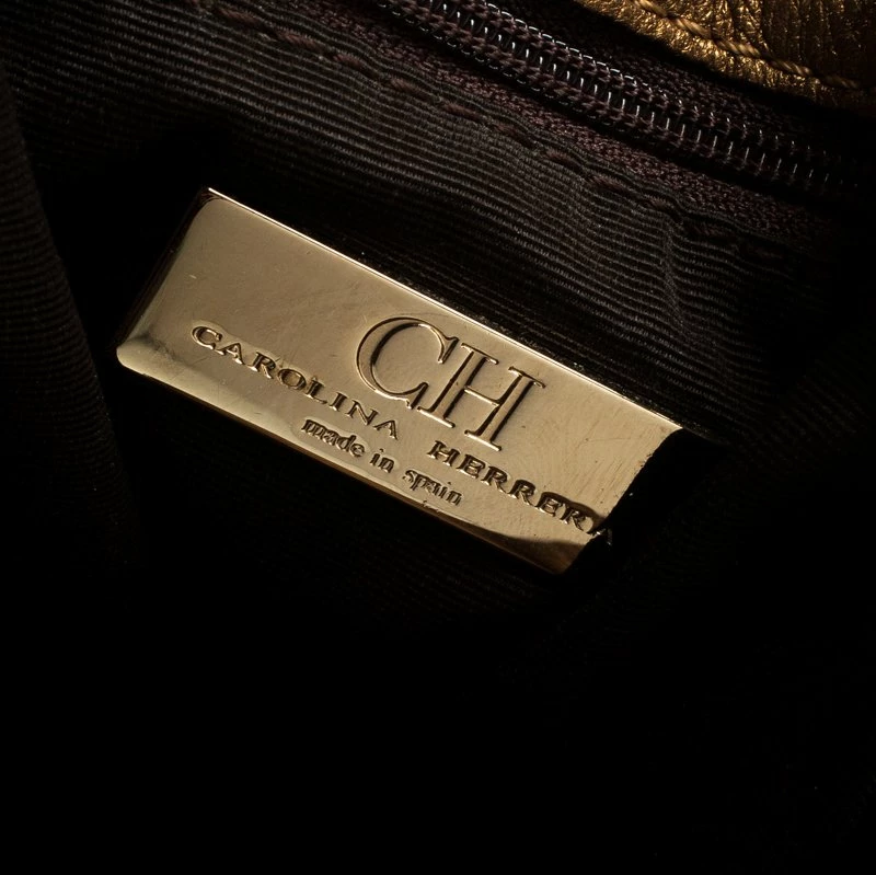 Carolina Herrera Gold Embossed Leather Bow Bucket Shoulder Bag Women