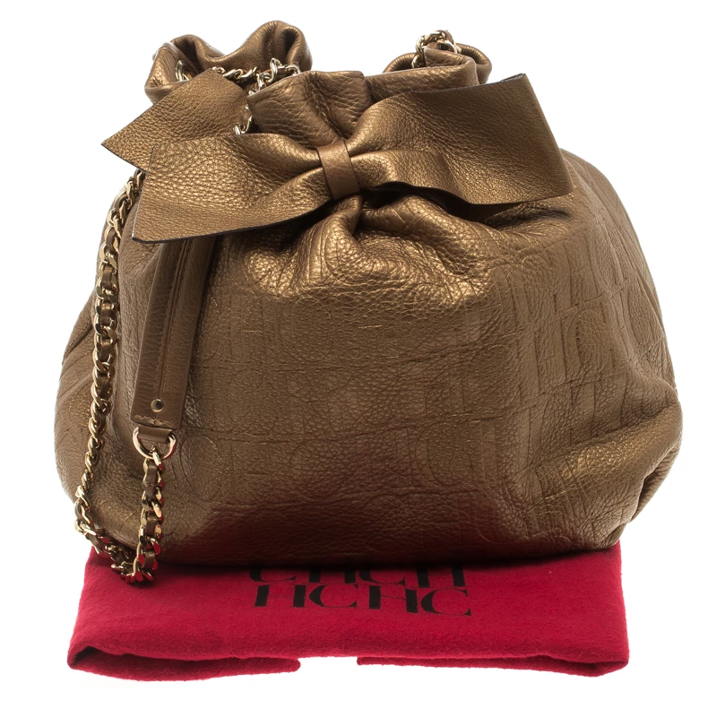 Carolina Herrera Gold Embossed Leather Bow Bucket Shoulder Bag Women