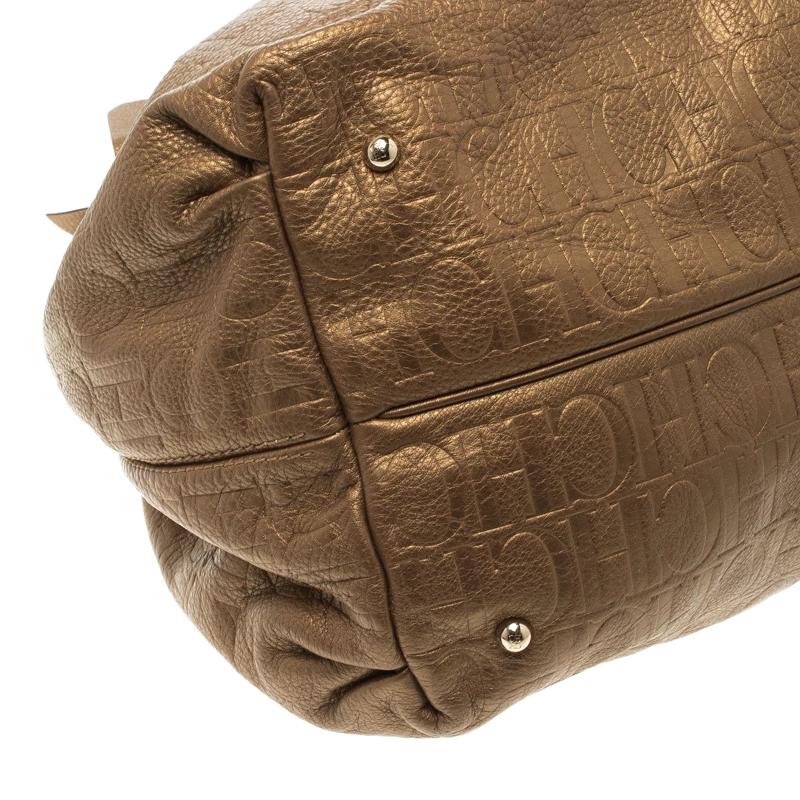 Carolina Herrera Gold Embossed Leather Bow Bucket Shoulder Bag Women