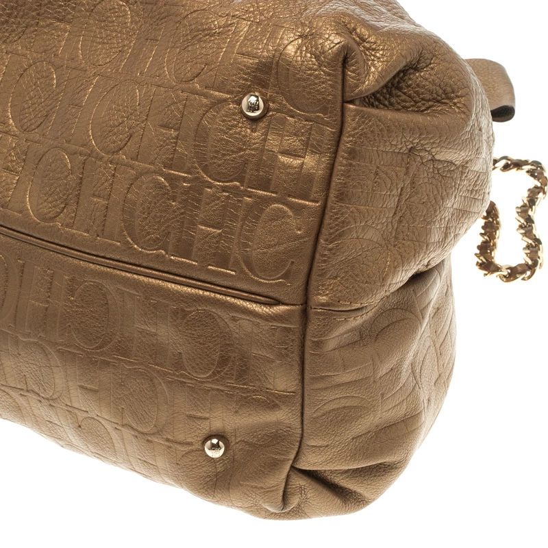 Carolina Herrera Gold Embossed Leather Bow Bucket Shoulder Bag Women