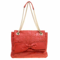 Carolina Herrera Red Monogram Leather Audrey Shoulder Bag Women