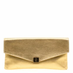 Carolina Herrera Gold Leather Envelope Clutch Women