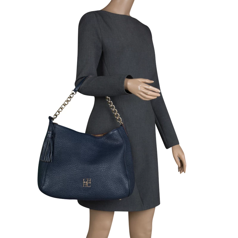 Carolina Herrera Navy Blue Grain Leather Maria Shoulder Bag Women