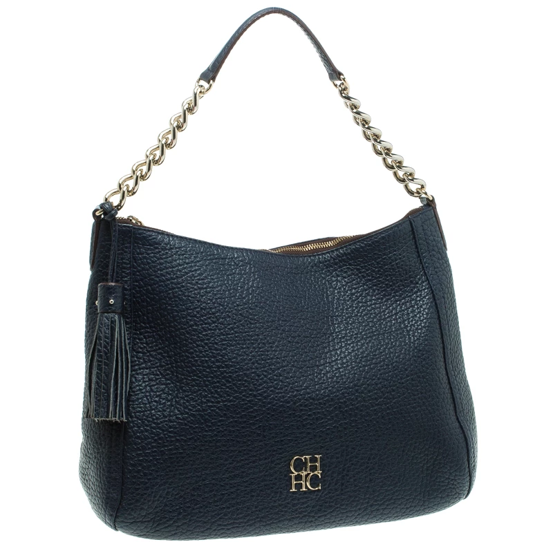 Carolina Herrera Navy Blue Grain Leather Maria Shoulder Bag Women