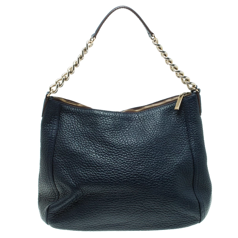 Carolina Herrera Navy Blue Grain Leather Maria Shoulder Bag Women