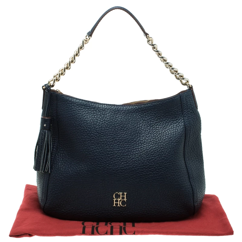 Carolina Herrera Navy Blue Grain Leather Maria Shoulder Bag Women