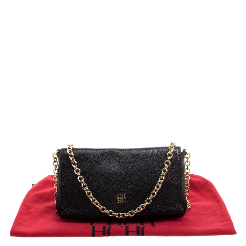 Carolina Herrera Black Leather Chain Flap Shoulder Bag Women