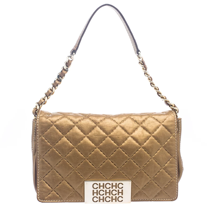 Carolina Herrera Gold Quilted Leather Shoulder Bag Women