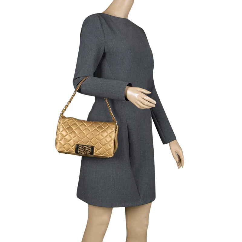 Carolina Herrera Gold Quilted Leather Shoulder Bag Women