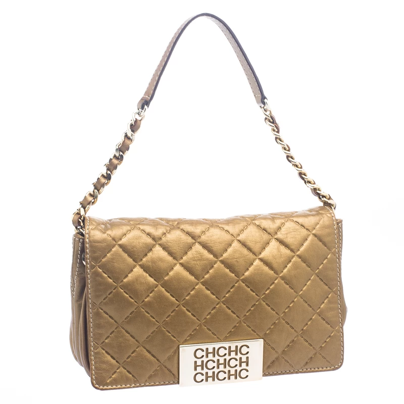 Carolina Herrera Gold Quilted Leather Shoulder Bag Women