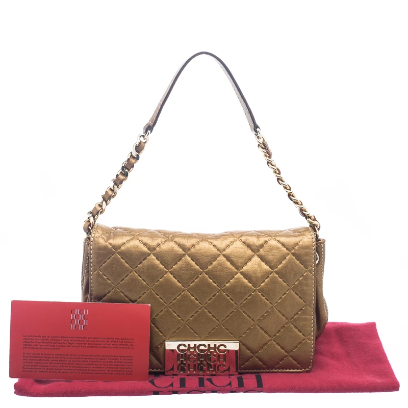 Carolina Herrera Gold Quilted Leather Shoulder Bag Women