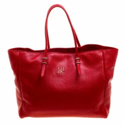 Carolina Herrera Red Monogram Leather Shopper Tote Women