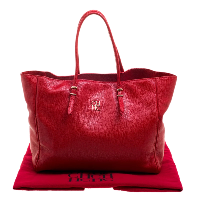 Carolina Herrera Red Monogram Leather Shopper Tote Women
