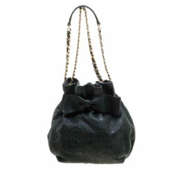Carolina Herrera Dark Green Embossed Leather Bow Bucket Shoulder Bag Women
