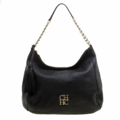 Carolina Herrera Black Pebbled Leather Hobo Women