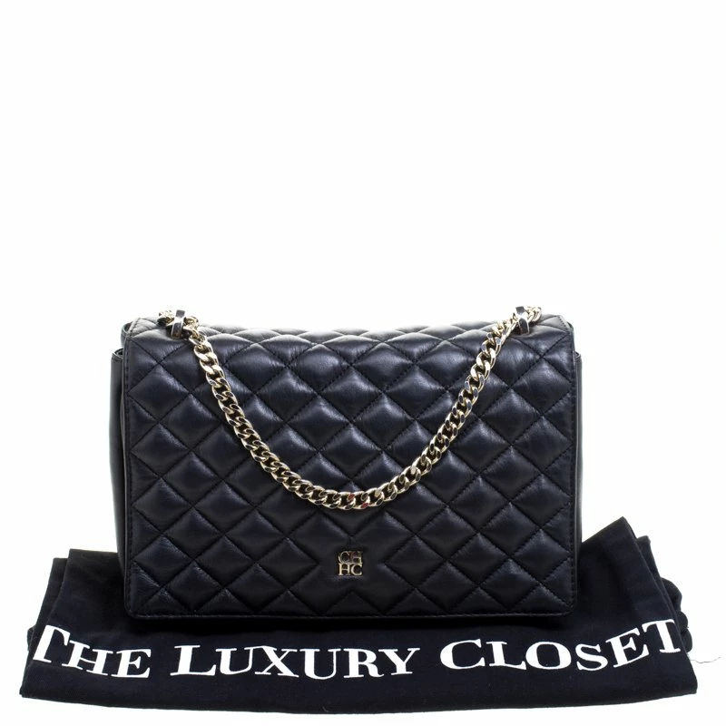 Carolina Herrera Black Quilted Leather Flap Bag Women