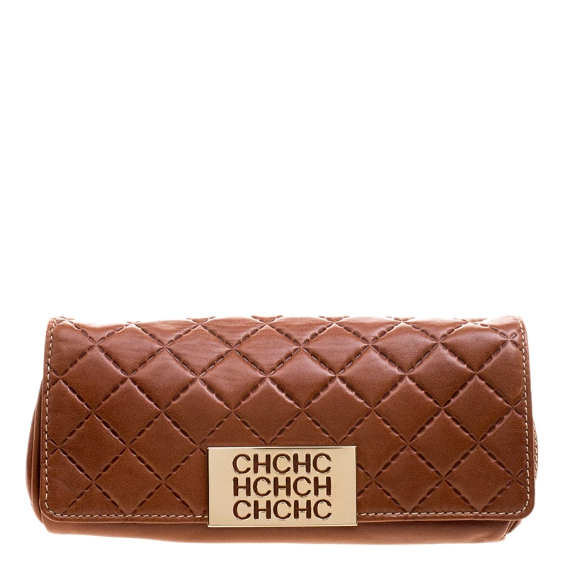 Carolina Herrera Brown Quilted Leather Clutch Women