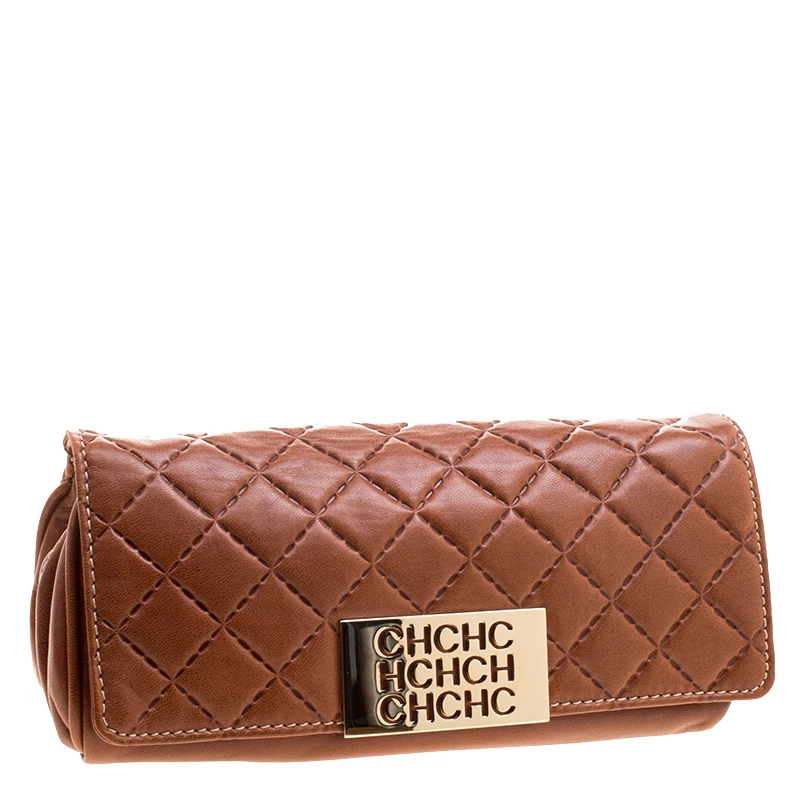 Carolina Herrera Brown Quilted Leather Clutch Women