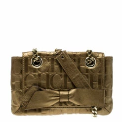 Carolina Herrera Gold Monogram Leather Audrey Shoulder Bag Women