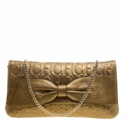 Carolina Herrera Gold Monogram Leather Bow Bag Women