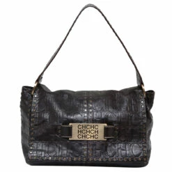 Carolina Herrera Dark Brown Monogram Embossed Leather Studded Shoulder Bag Women