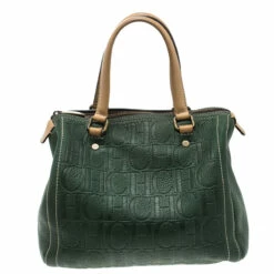 Carolina Herrera Green Monogram Leather Andy Boston Bag Women