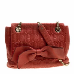 Carolina Herrera Red Monogram Leather Audrey Shoulder Bag Women