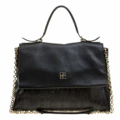 Carolina Herrera Black Monogram Leather Top Handle Shoulder Bag Women