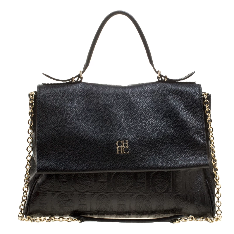 Carolina Herrera Black Monogram Leather Top Handle Shoulder Bag Women