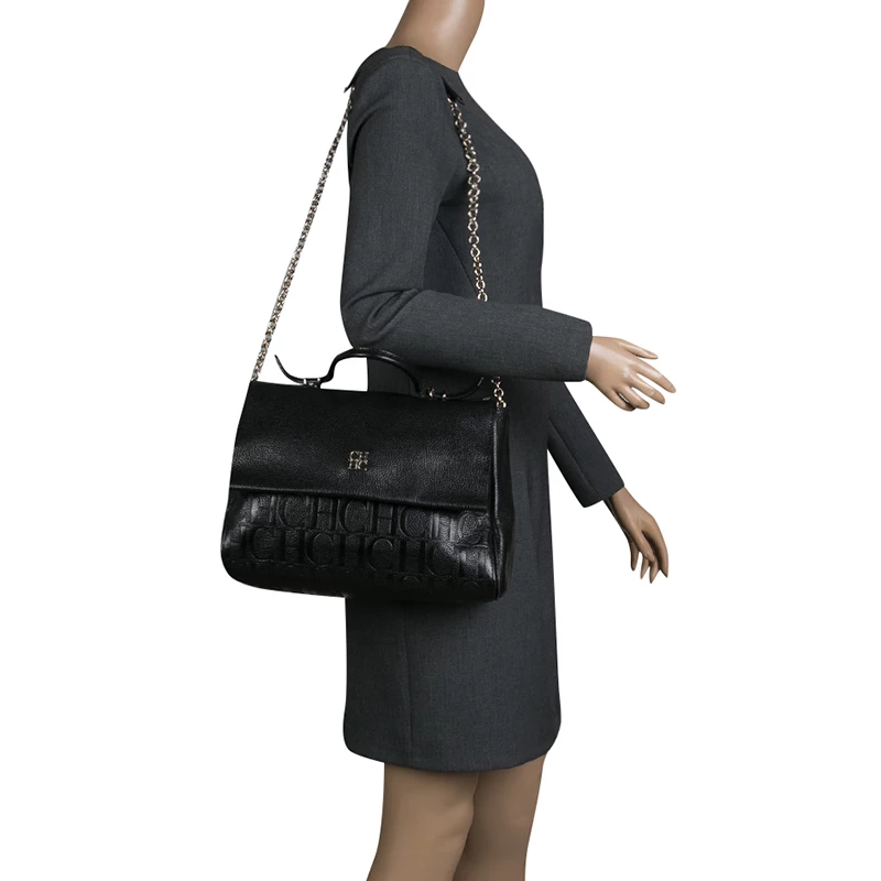 Carolina Herrera Black Monogram Leather Top Handle Shoulder Bag Women