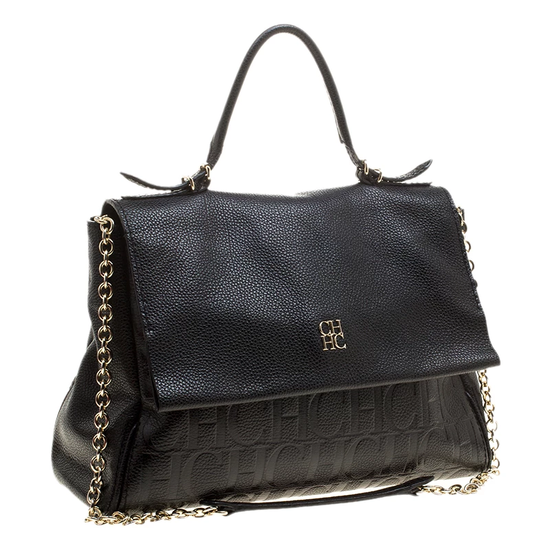 Carolina Herrera Black Monogram Leather Top Handle Shoulder Bag Women
