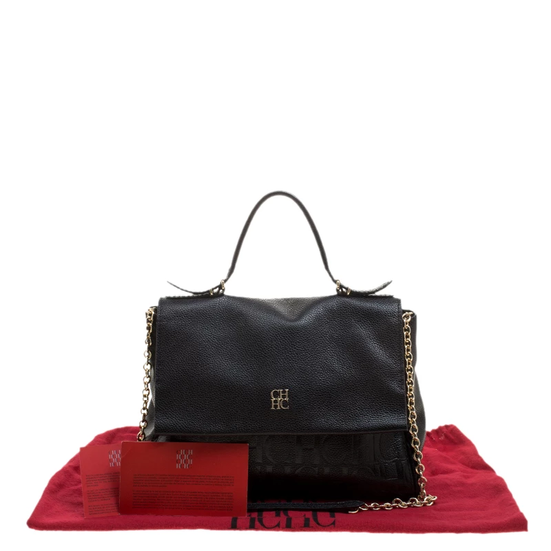 Carolina Herrera Black Monogram Leather Top Handle Shoulder Bag Women