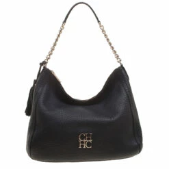 Carolina Herrera Black Pebbled Leather Hobo Women