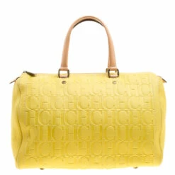 Carolina Herrera Yellow Monogram Leather Large Andy Boston Bag Women